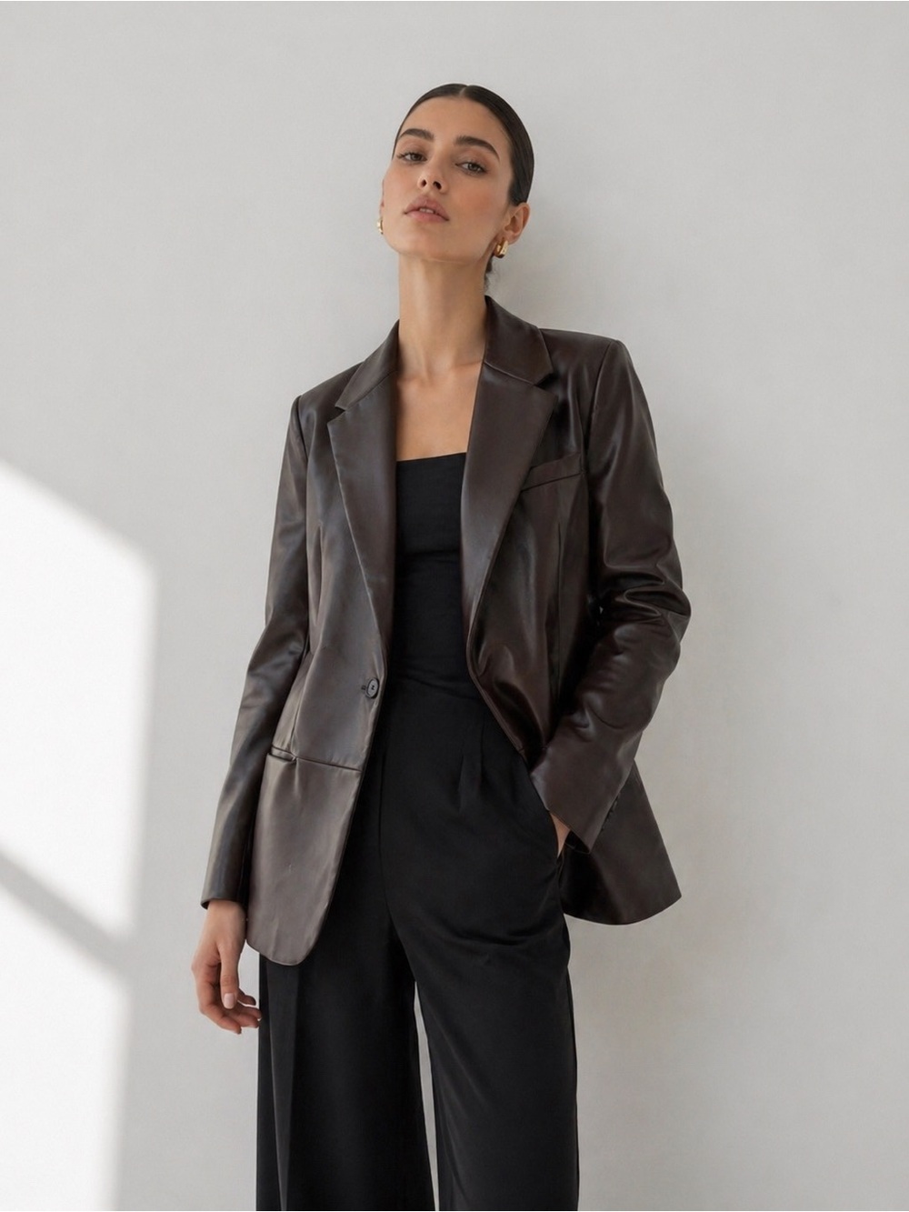 Zara Chocolate Brown Faux Leather Blazer Nwt Minimalist Tailored Jacket